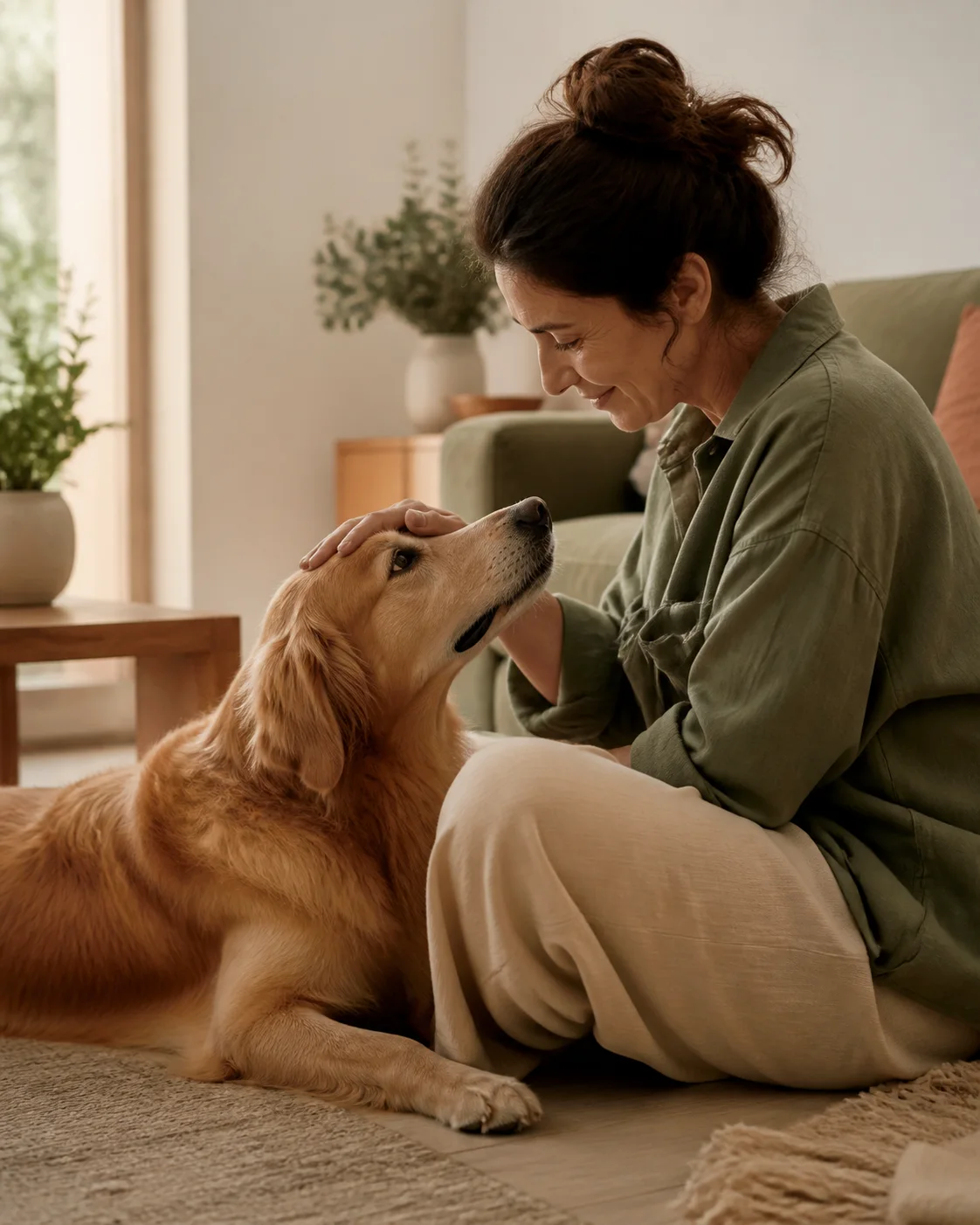 A pet parent gently touching a golden retriever's forehead at home
